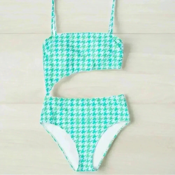 Ninety-Nine° Junior's XL Bandeau Cutout One-Piece Swimsuit NEW Happy Houndstooth - Picture 3 of 5